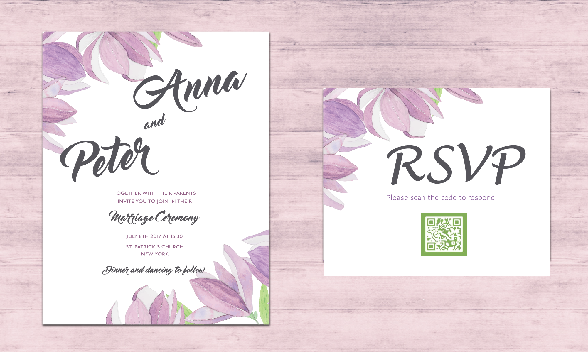 Qr Code Wedding Invitation By The Pink Bride - Mit Blumen Danke Watercolor-lila Blume Postkarte (2003x1200), Png Download
