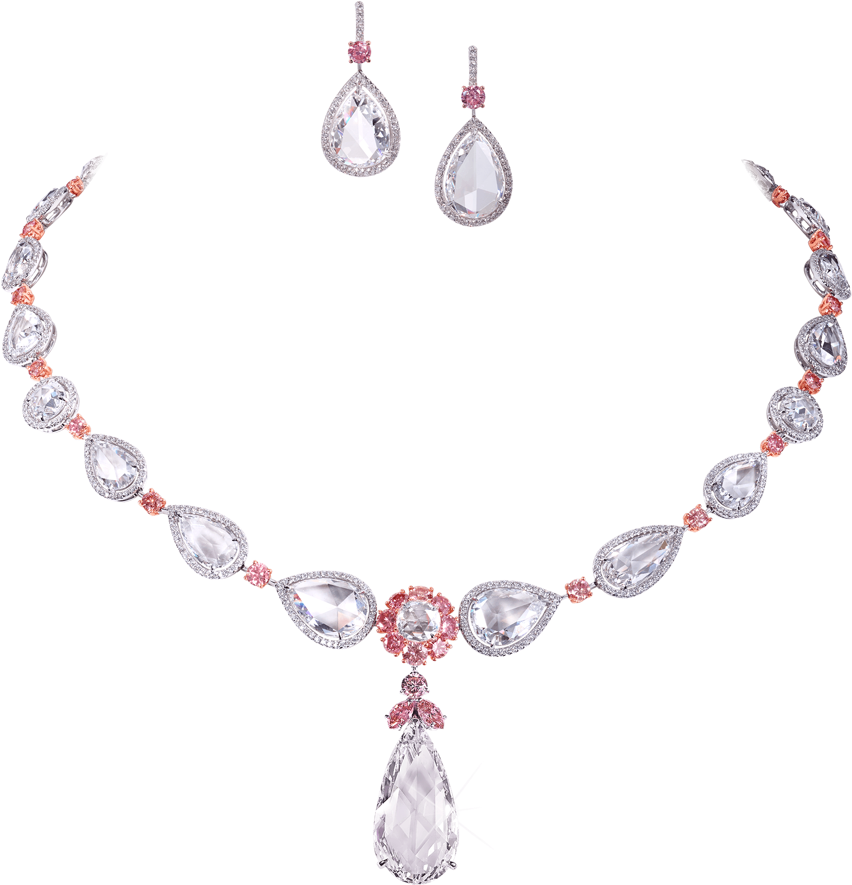Rose Cut, Round Diamond And Pink Diamond Suite - Earring (1944x1944), Png Download