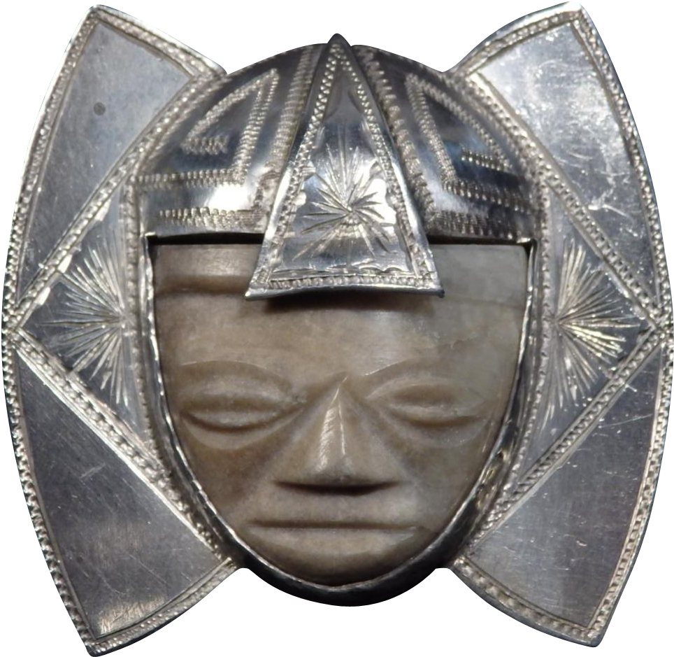 Large Vintage Mexican 900 Silver And Onyx Brooch - Mask (963x963), Png Download