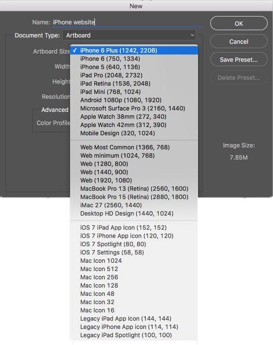 Wide Choice Of Artboard Size Presets - Adobe Photoshop (561x709), Png Download