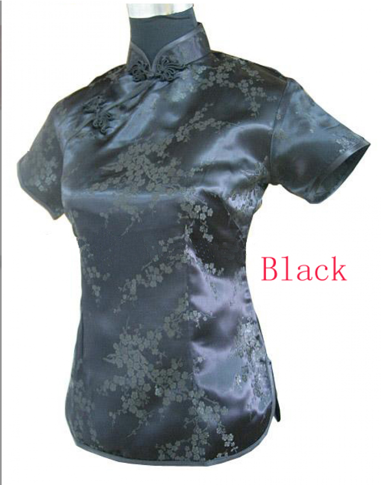 Chinese Shirt Short Sleeve China Blouse For Women Black - Idreammart Periwing Black Brocade Silver Floral Print (1000x1000), Png Download