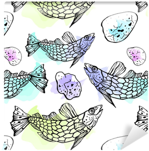 Vector Seamless Pattern Of Hand Drawn Fish And Stones - Watercolor Painting (400x400), Png Download