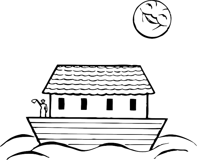Arc, Ark, Black, Outline, White, Cartoon, Free, Boat - Noahs Ark Clipart Black And White (640x520), Png Download