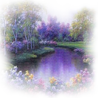 Purple Landscape Pond And Flowers - Painting (400x400), Png Download