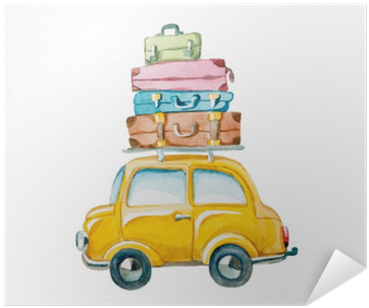 Hand Drawn Yellow Car With Suitcase On The Roof - Watercolor Suitcase Clipart (400x400), Png Download