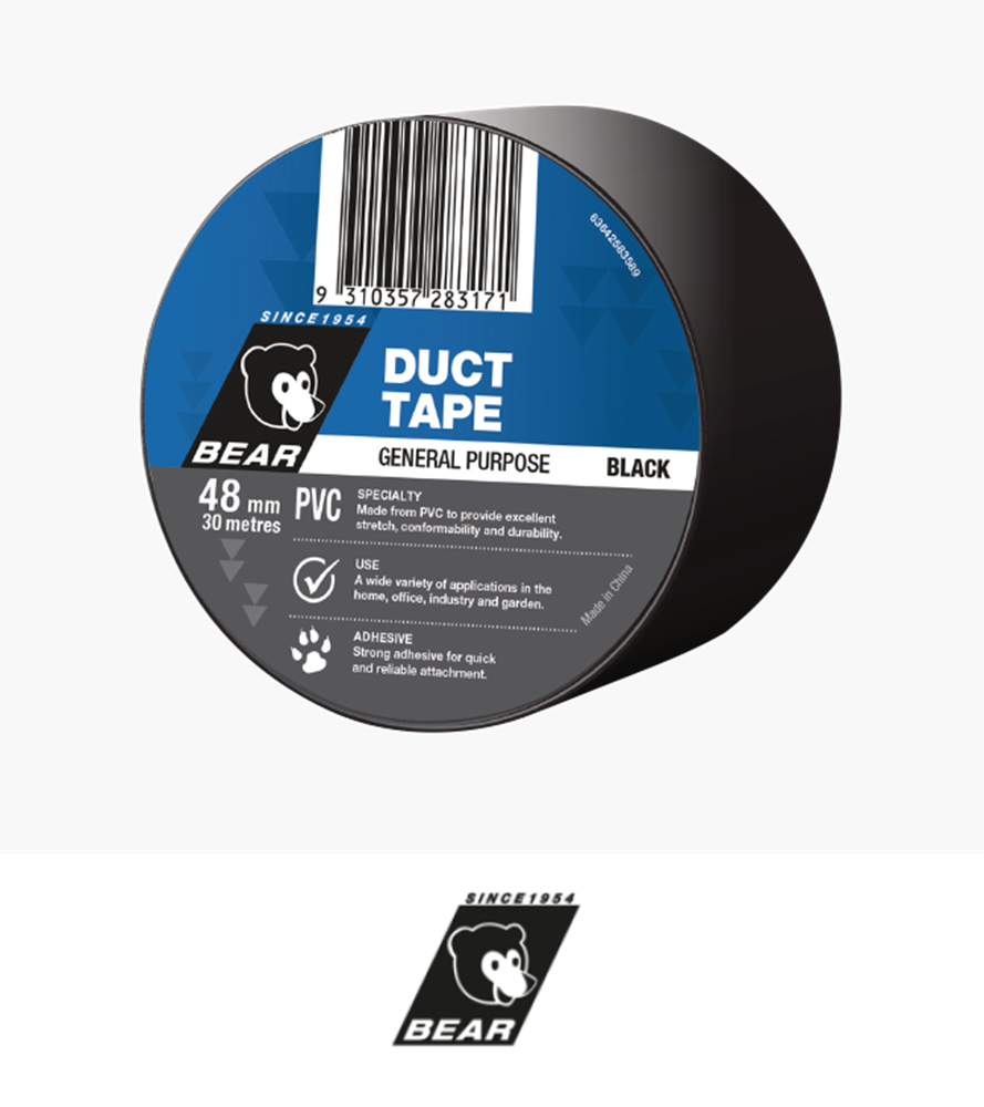 Bear Pvc Duct Tape Multi Purpose Black 48mm X 30m - 24mm X 50m General Purpose Masking Tape (889x1000), Png Download