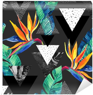 Watercolor Exotic Flowers, Leaves, Grunge Textures, - Abstract Tropical Summer Design Seamless Pattern (400x400), Png Download