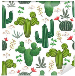 Seamless Pattern With, Cacti, Succulents And Floral - Papier Peint Cactus (400x400), Png Download