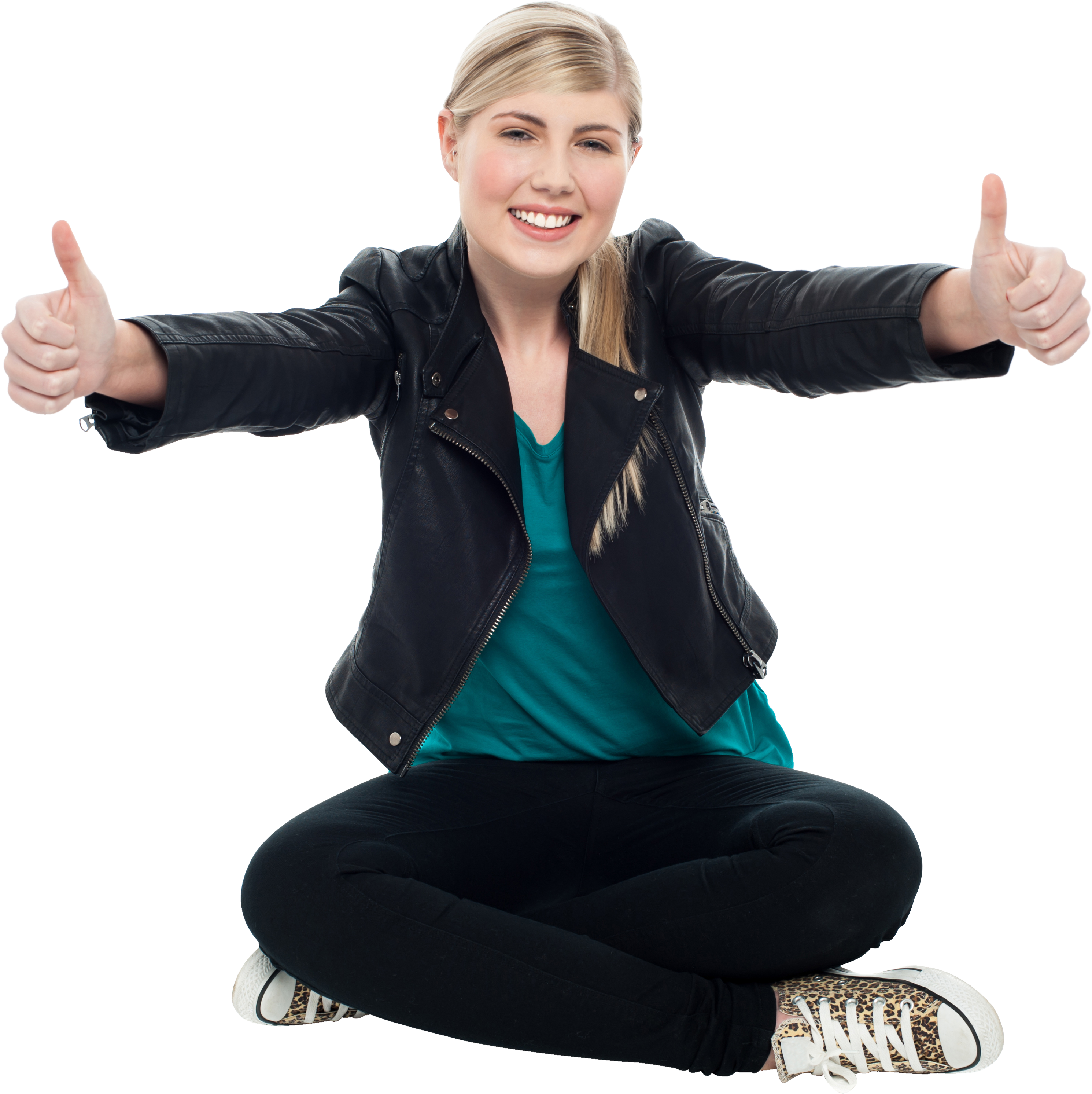 Free Png Women Pointing Thumbs Up Png Images Transparent - Sitting (850x566), Png Download
