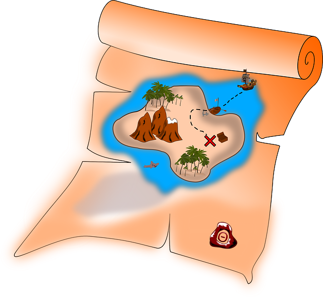 Map, Treasure Map, Treasure, Pirates - Cartoon Pirate Treasure Map (640x590), Png Download