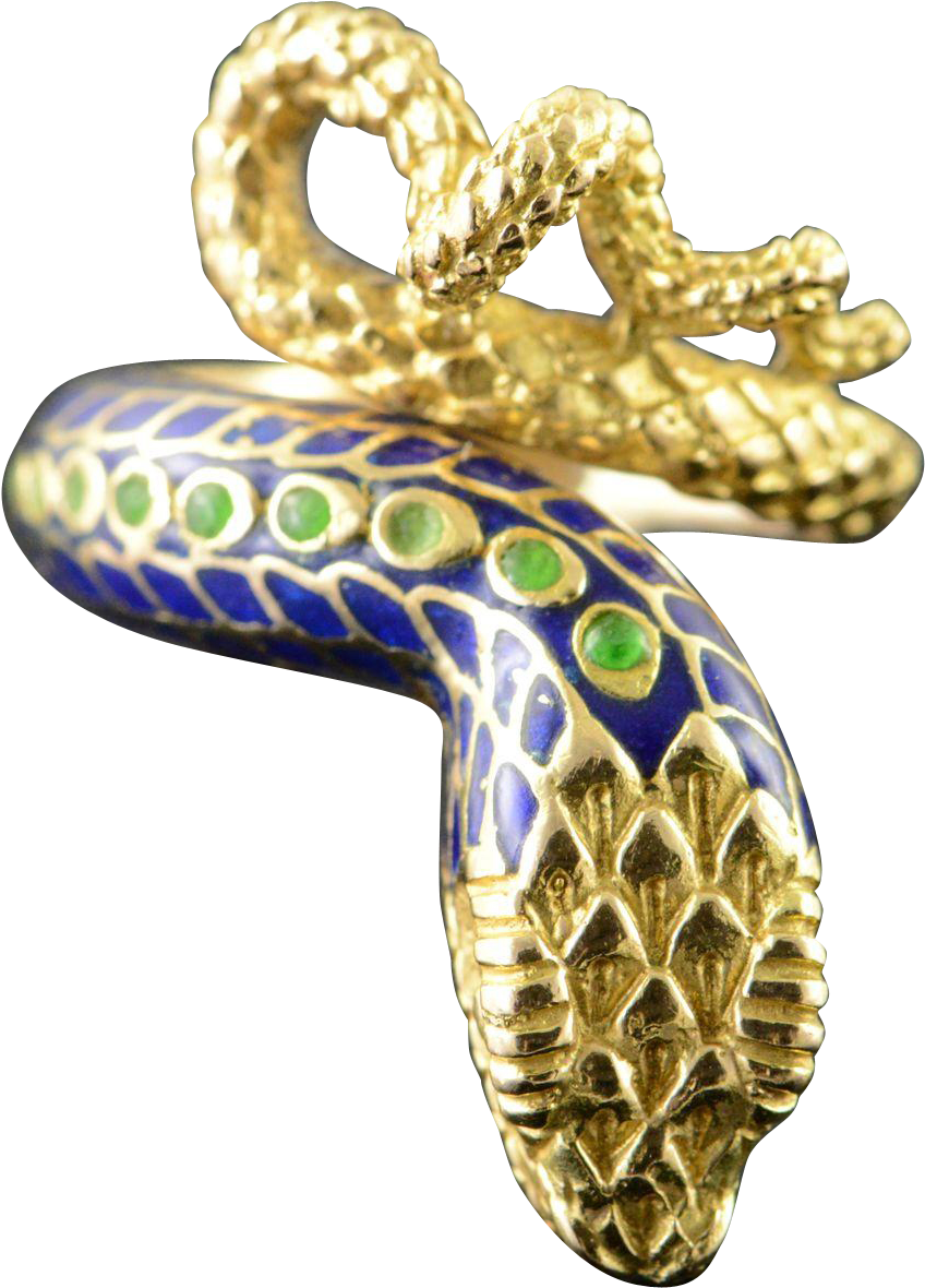 18k Detailed Green Blue Enamel Snake Head Wrapped Ring - Body Jewelry (1179x1179), Png Download