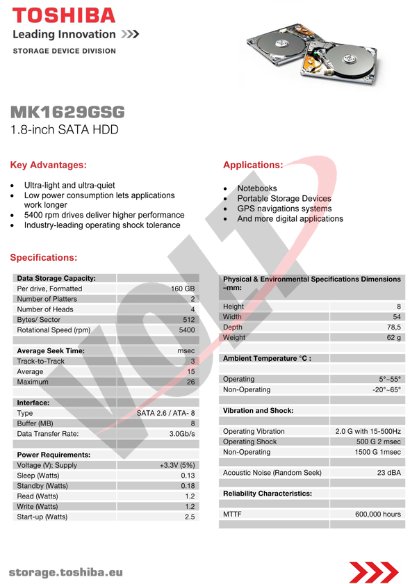 Mk1629gsg Datasheet - Toshiba 80 Gb Internal Hdd - 1.8" - Mk8009gah - Ata-100 (590x840), Png Download