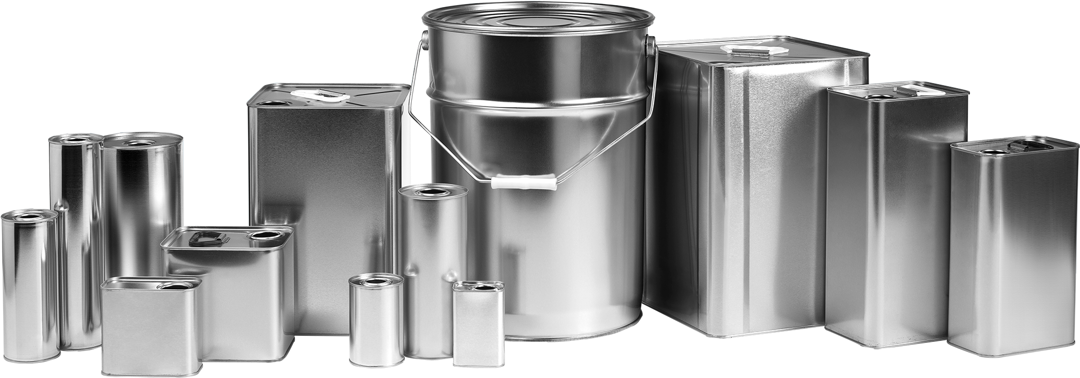 Cylindrical And Square Formed Metal Containers Varying - Bottle (2473x1024), Png Download