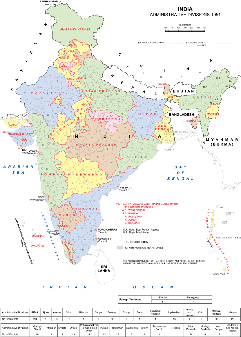 Indian States 1951 Map - Administrative Division Of India (858x1198), Png Download