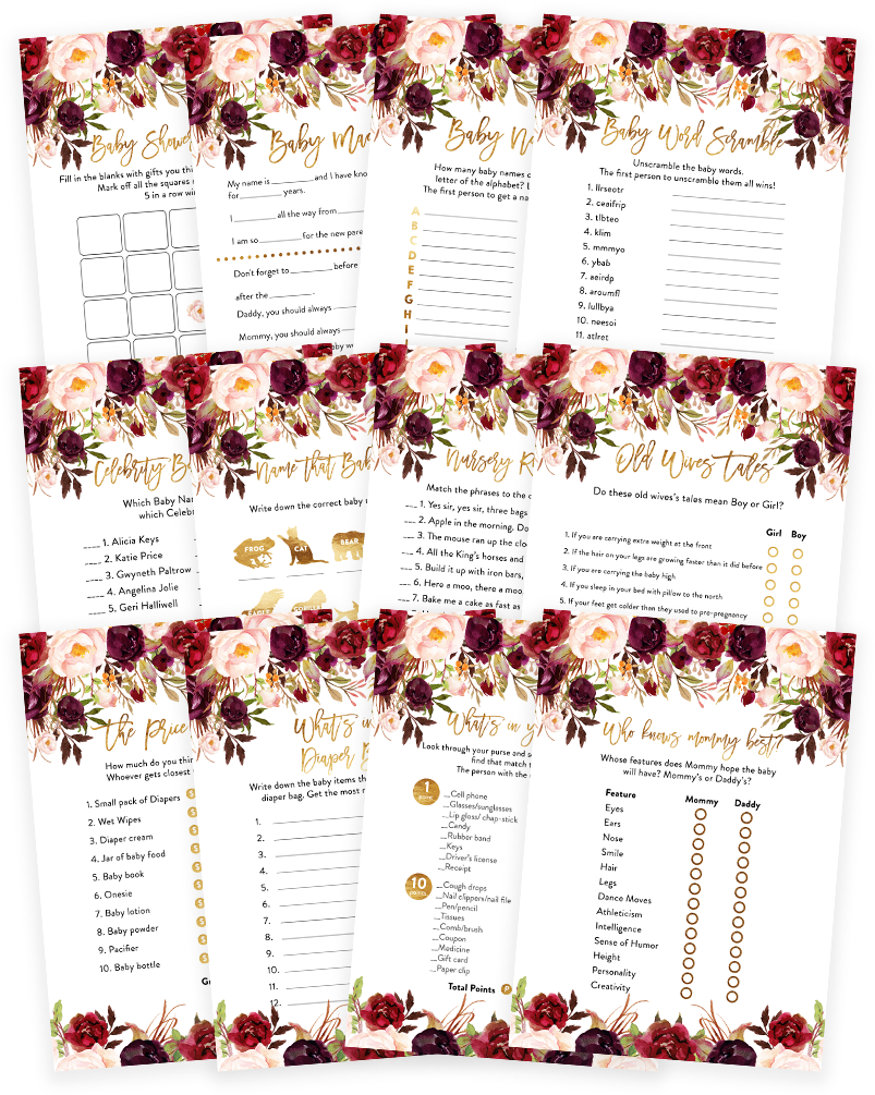 Marsala And Gold Floral Baby Shower Game Pack - Game (819x1024), Png Download
