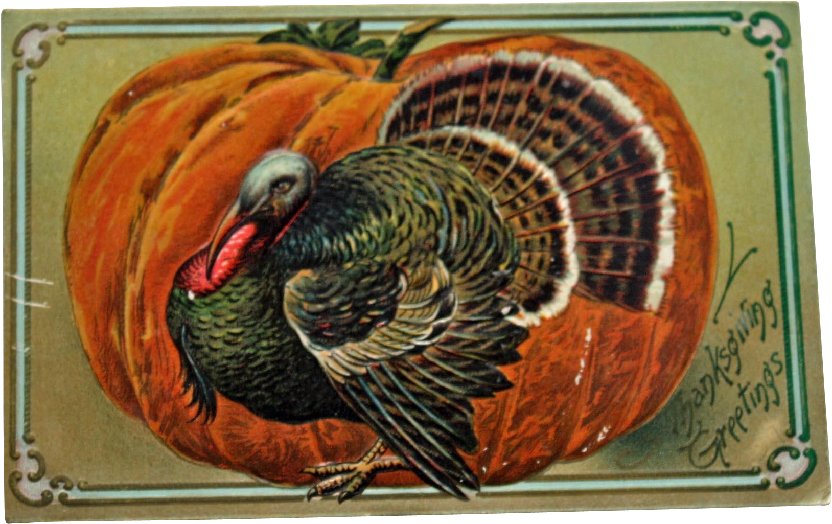 Thanksgiving Turkey In Front Of A Orange Pumpkin Doormat - Giclee Painting: Thanksgiving Greetings With A Turkey (1627x1627), Png Download