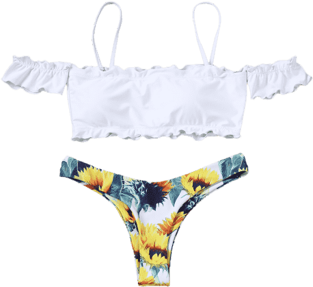 Sunflower Off Shoulder Lettuce Hem Bikini - Trajes De Baño De Girasoles (480x640), Png Download
