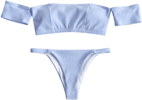Off Shoulder Striped Thong Bikini - Swimsuit (480x640), Png Download