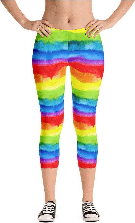 Women's Pride Watercolor Rainbow Print Capri Leggings - Rainbow Leggings Women (1000x1000), Png Download