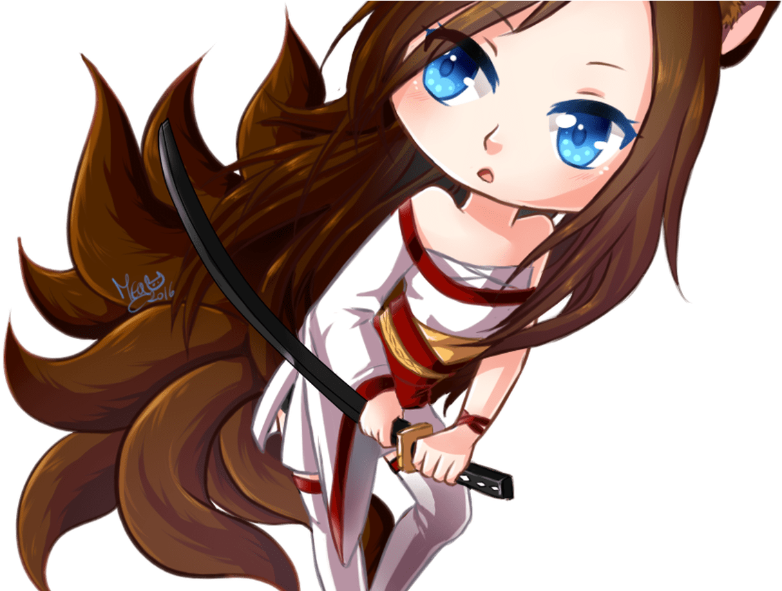 Cute Anime Fox Girl Cute Nine Tailed Fox Girl - Chibi (1368x855), Png Download