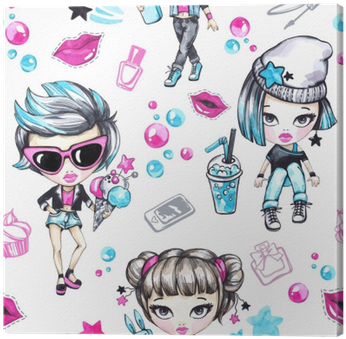 Watercolor Seamless Pattern With Fashion Teenagers - Watercolor Painting (400x400), Png Download