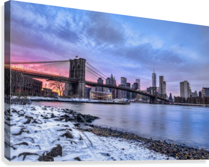 Brooklyn With Covered Landscape - Brooklyn Bridge With Snow-covered Landscape At Sunset (429x344), Png Download