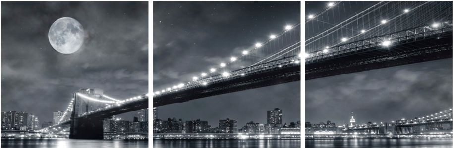 Moonrise Over The Brooklyn Bridge Is Simultaneously - Black And White Photography Triptych (1024x414), Png Download