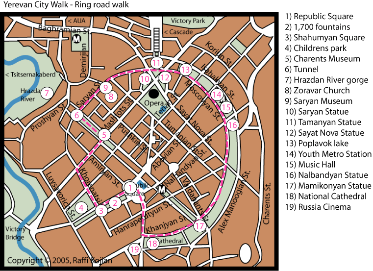Yerevan Walk Ring Road ‎ - Yerevan Walking Tour Map (761x553), Png Download