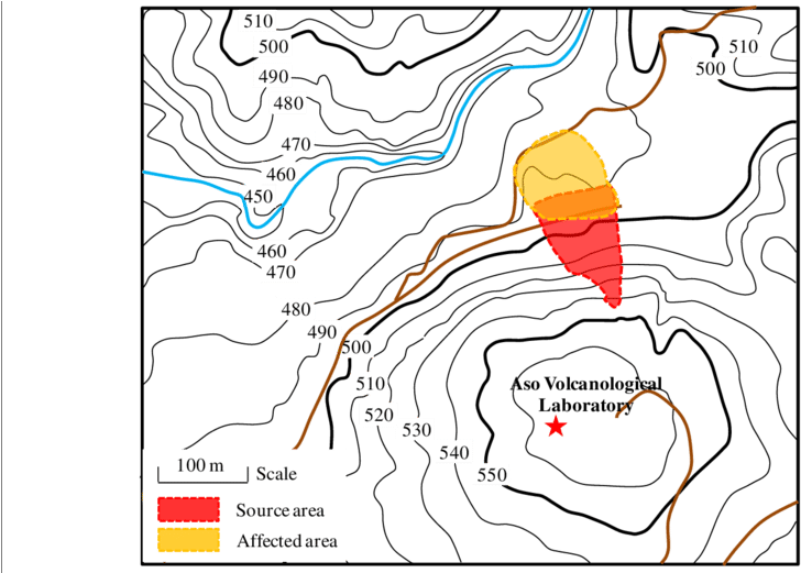 The Contour Map Of The Landslide Near The Aso Volcanological - Contour Map Japan (850x520), Png Download