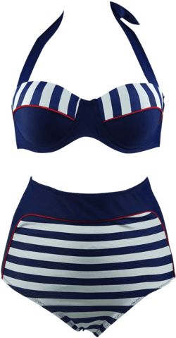 Cocoship Retro Navy Blue Stripe Black Polka Dot High - Swimsuit (480x480), Png Download