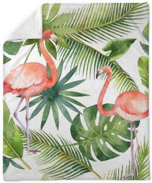 Watercolor Seamless Pattern Of Flamingo And Palm Trees - Flamingo Lraf Background (400x400), Png Download