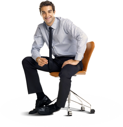 Man Sitting In Chair Smiling - Sitting On Chair Png (423x437), Png Download