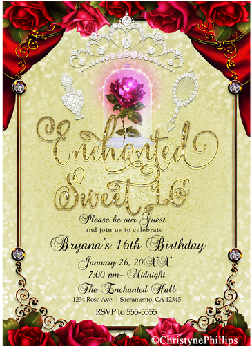 Beauty & The Beast Enchanted Red Rose Yellow Gold Sweet - Beauty And The Beast Bachelorette Invitations (500x500), Png Download