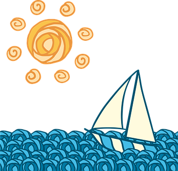 Sun Boat Wave Journey Blue Yellow Sailing - Boat On Wave Png (354x340), Png Download