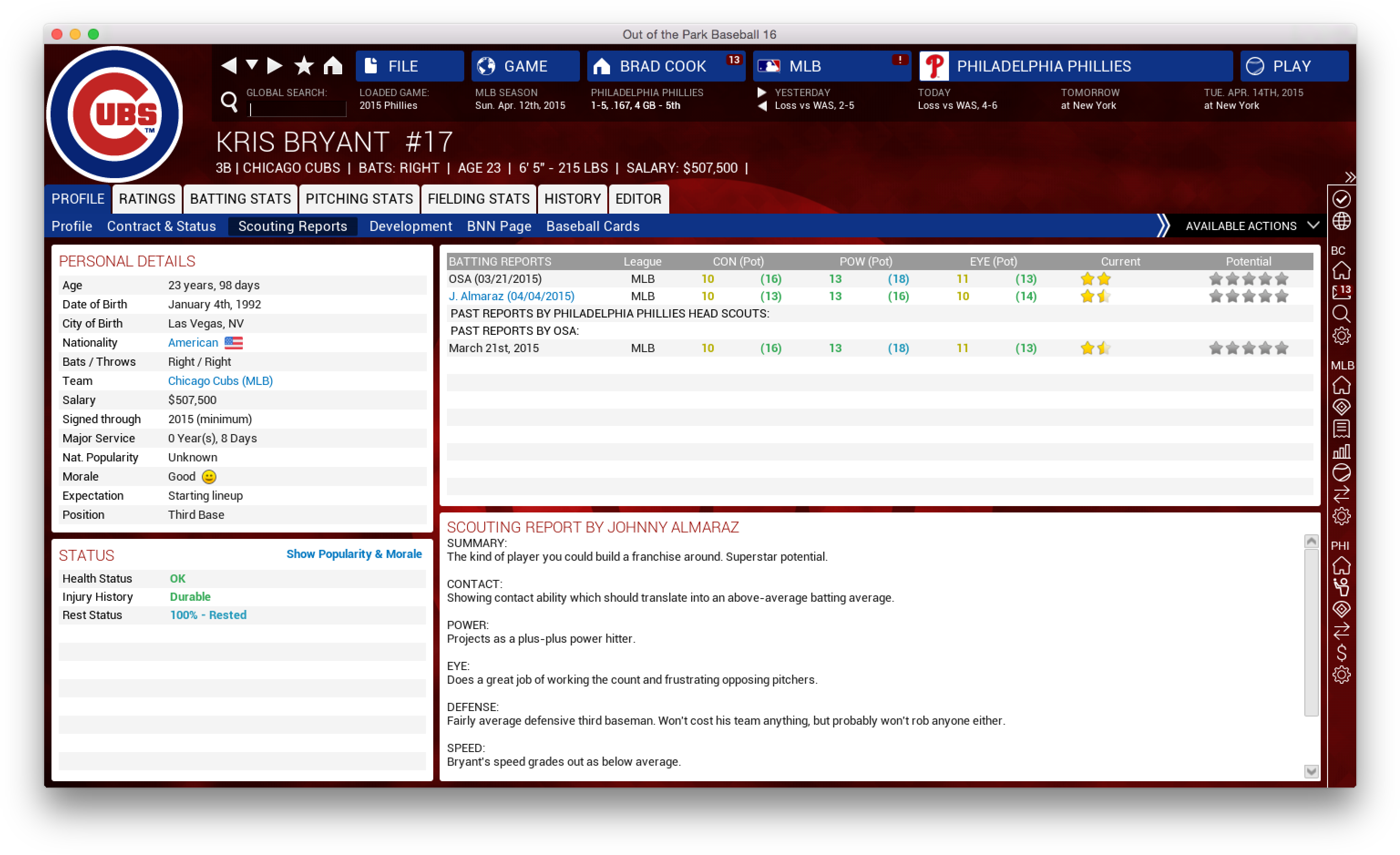 How Ootp Views Kris Bryant, One Of Mlb's Rising Stars - Chicago Cubs (3104x1900), Png Download