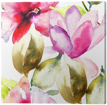 Colorful Pink Flowers, Watercolor Illustration Canvas - 'seamless Pattern Of Pink Flowers' Oil Painting Print (400x400), Png Download