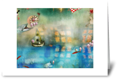 Blue Sea Greeting Card - Poster: Karendivine's Conceptual Ocean Scene With Boat (424x349), Png Download