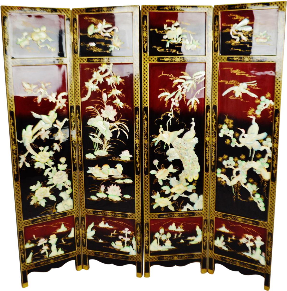 Vintage Chinese Lacquered Black And Red Folding Screen - Antiques Japanese Red & Black Mother Of Pearl Shoji (1328x1343), Png Download