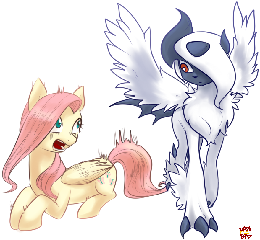 Norang94, Crossover, Eye Contact, Fluttershy, Mega - Pokemon Absol My Little Pony (1000x1000), Png Download