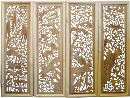 Chinese Set Of 4 Rectangular Flower Birds Wooden Wall - Rectangle (480x480), Png Download