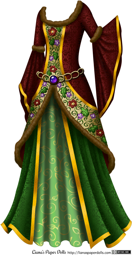 A Gown With A Red Overdress And Green Underskirts - Medieval Red And Green Dress (581x1096), Png Download