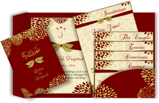 Indian Wedding E-card With Gold Marigold Flowers In - Gold And Red Wedding Invitation (670x447), Png Download