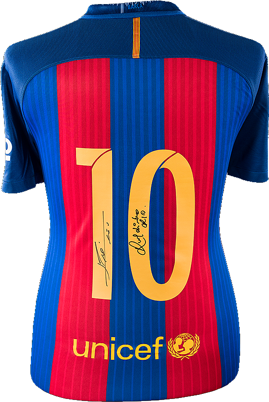 Maillot Domicile Fc Barcelone Dédicacé Par <b>lionel - Lionel Messi & Ronaldinho Back Autographed Barcelona (870x890), Png Download