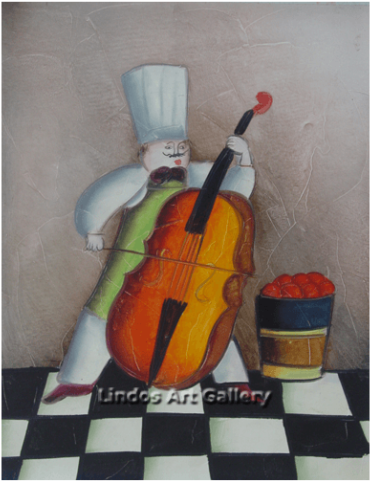 Chef With Cello Checkered Floor Painting - Viola (520x574), Png Download