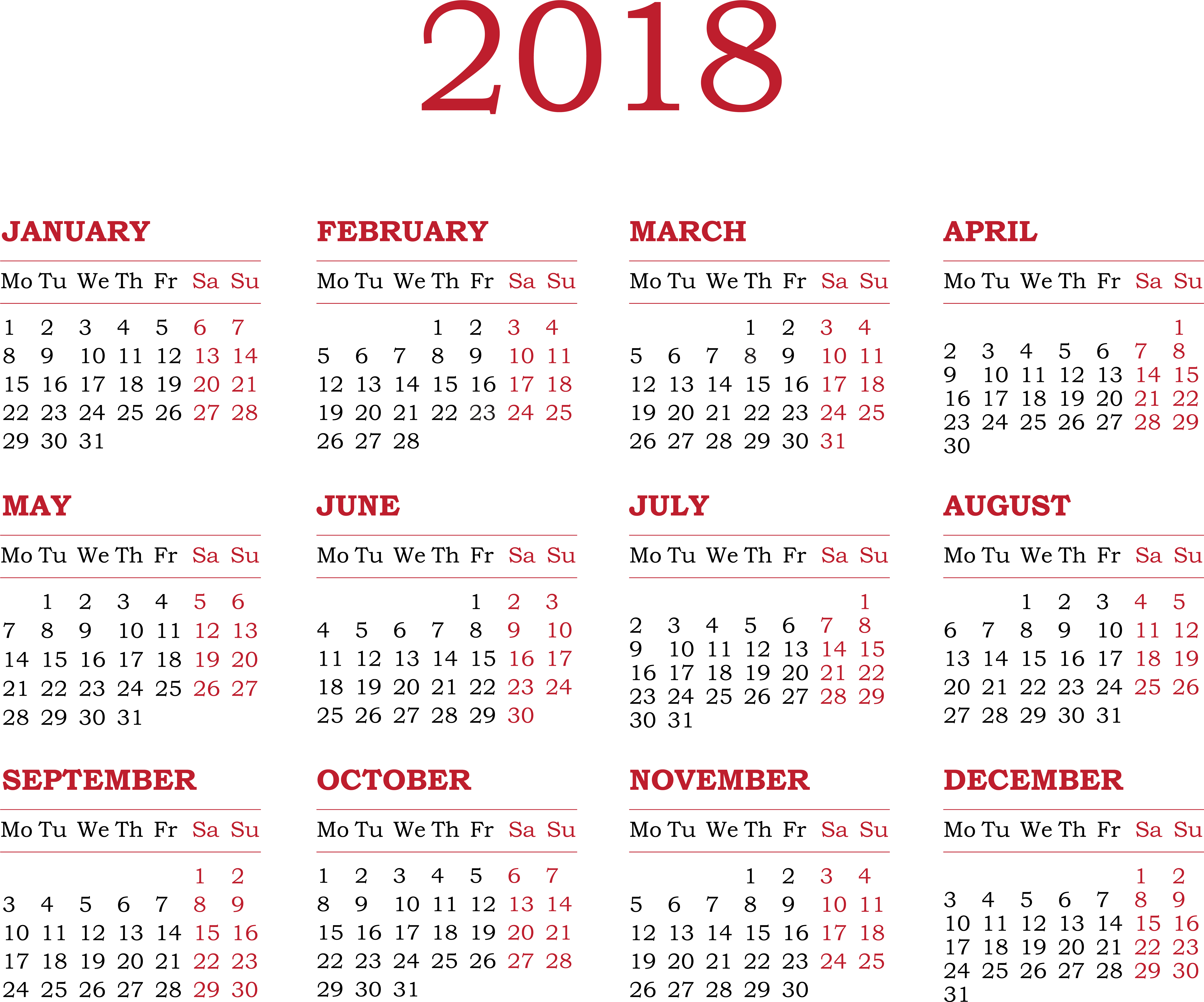 2018 Calendar Transparent Png Clip Art (8000x6659), Png Download