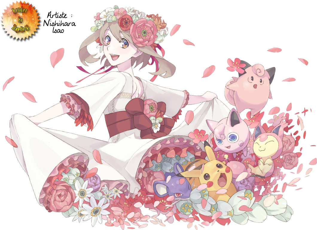 Flora & Pikachu & Rattata & Rondoudou & Melofée - Render Manga (1077x777), Png Download