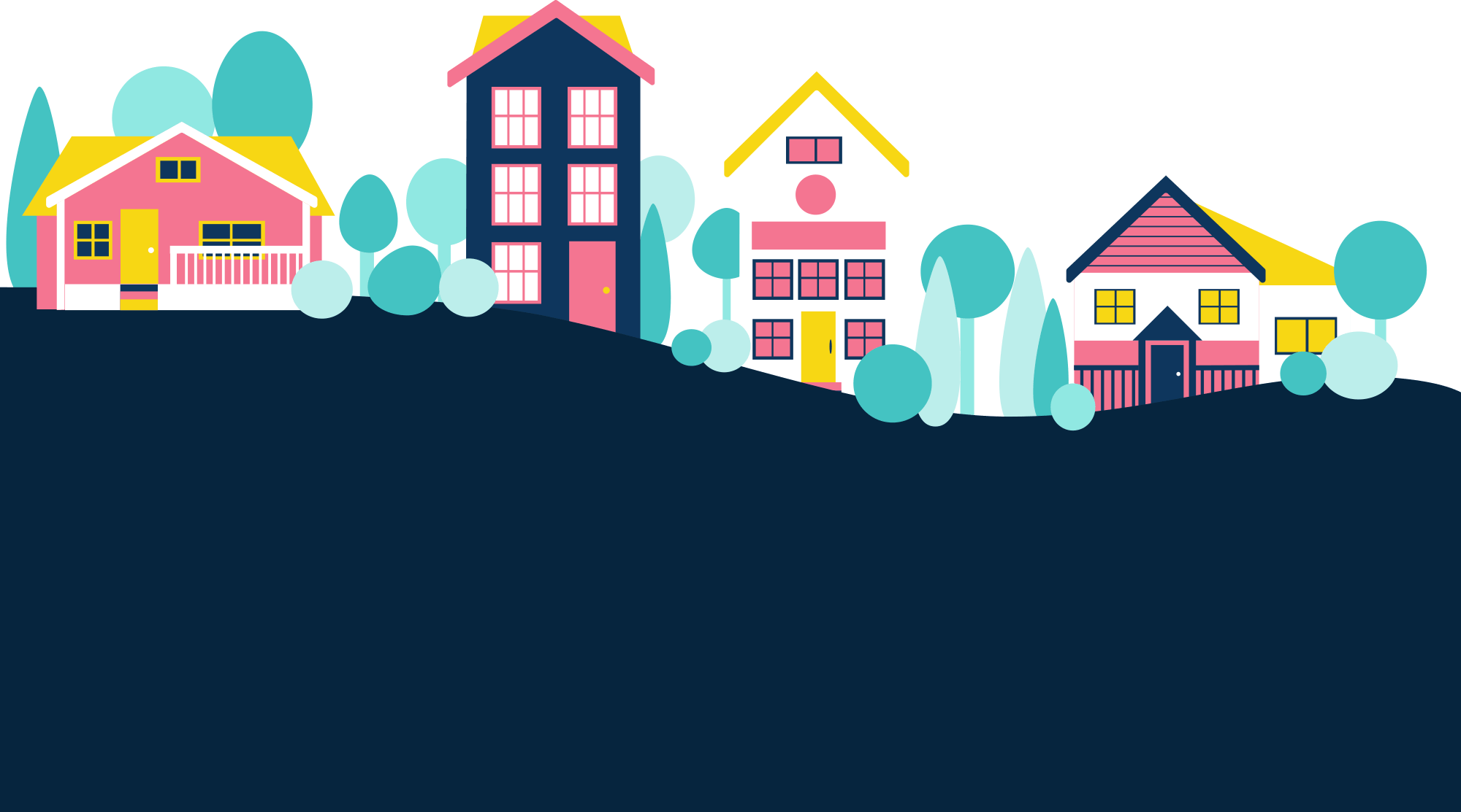 An Illustrated Row Of 4 Colorful Houses - Cartoon Row Of Houses (2000x1113), Png Download