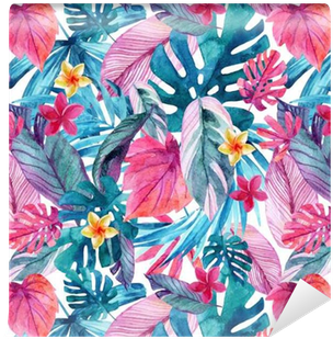 Watercolor Exotic Leaves And Flowers Background - Watercolor Tropical Background Exotc (400x400), Png Download