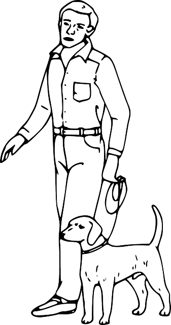 Outline, Boy, Man, Guy, Person, Cartoon, Dog, Stand - Man With Dog Drawing (337x640), Png Download