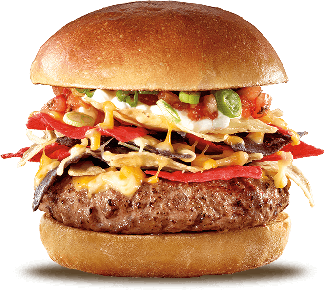 Corn Tortilla Chips 4 Shredded Cheeses Sour Cream Salsa - Carl's Jr Nachos Burger (776x866), Png Download